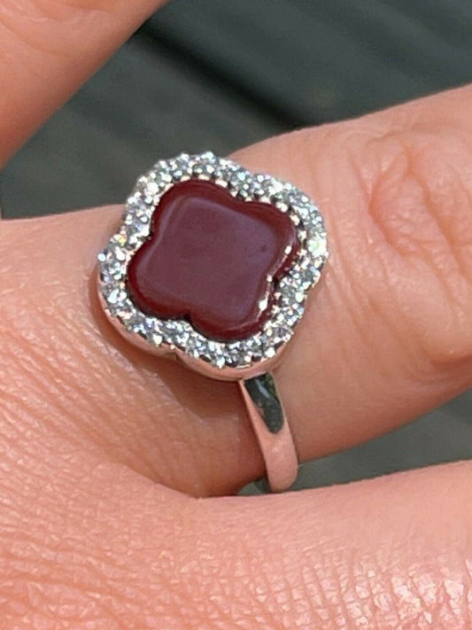 HarlemBling Real Solid 925 Sterling Silver Flower Clover Ring Red Agate W Diamonds Sz 5-10