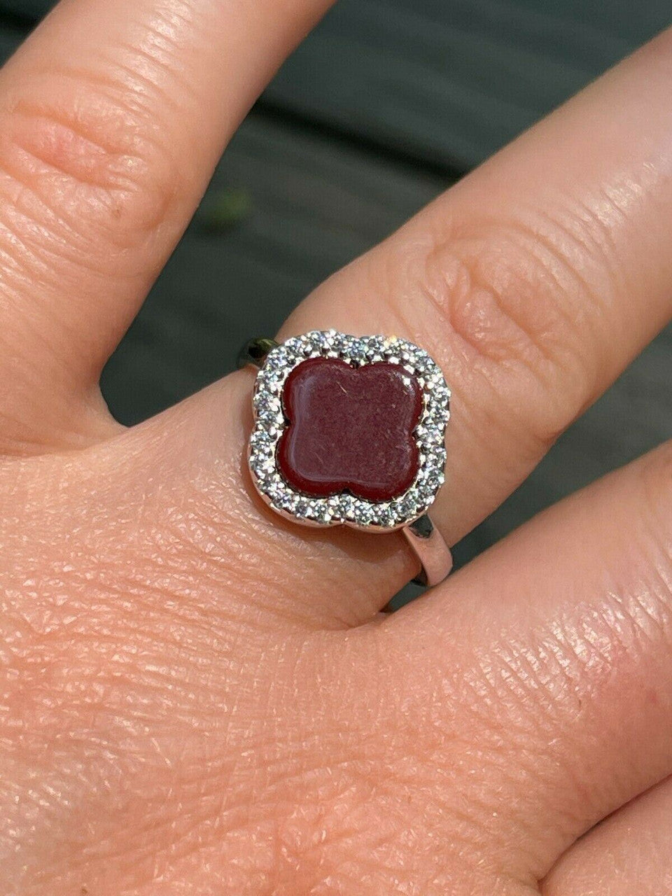 HarlemBling Real Solid 925 Sterling Silver Flower Clover Ring Red Agate W Diamonds Sz 5-10