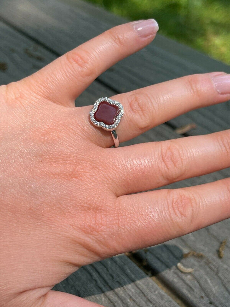 HarlemBling Real Solid 925 Sterling Silver Flower Clover Ring Red Agate W Diamonds Sz 5-10