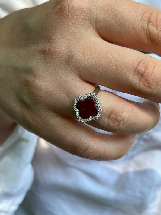 HarlemBling Real Solid 925 Sterling Silver Flower Clover Ring Red Agate W Diamonds Sz 5-10