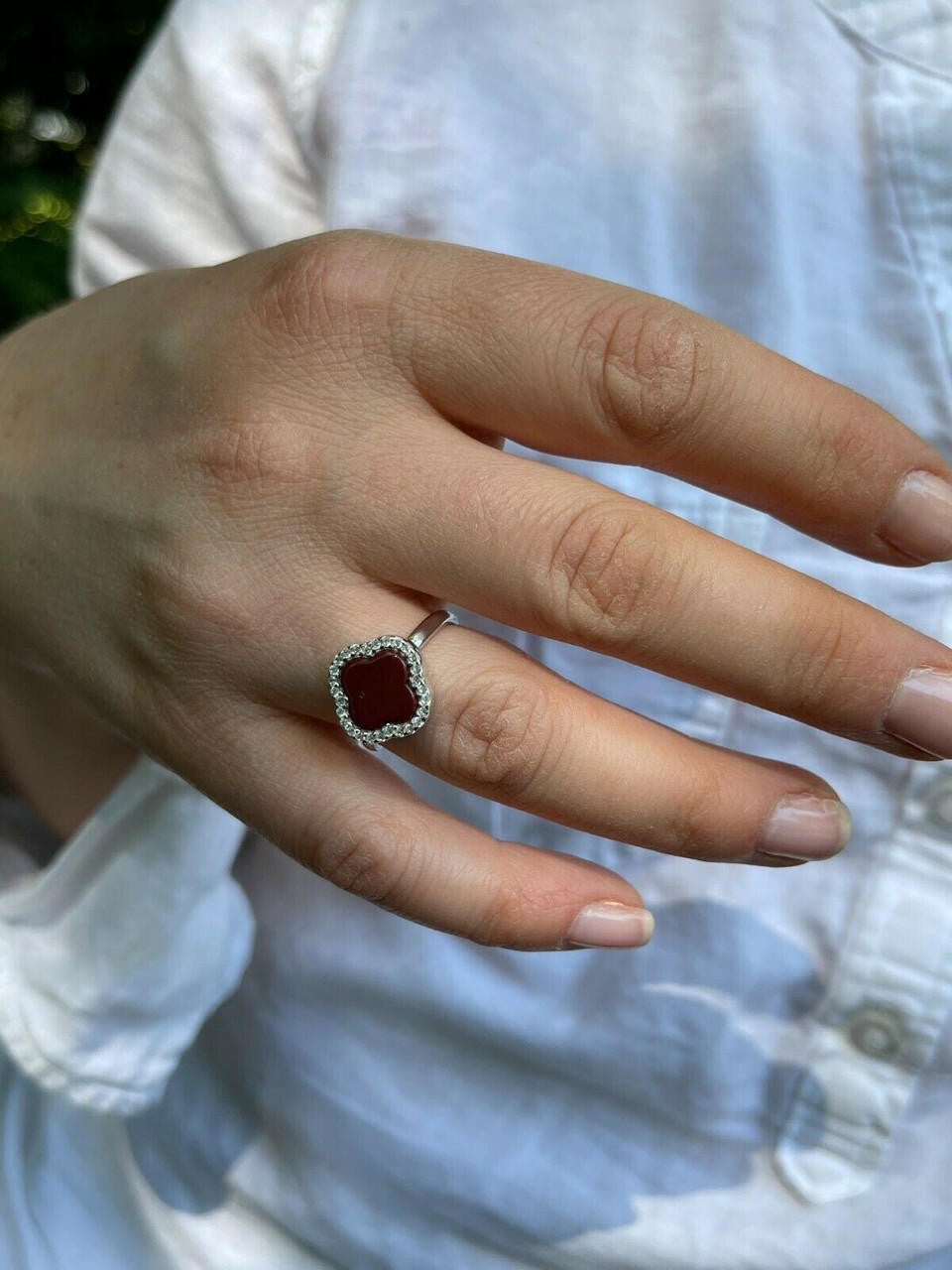 HarlemBling Real Solid 925 Sterling Silver Flower Clover Ring Red Agate W Diamonds Sz 5-10