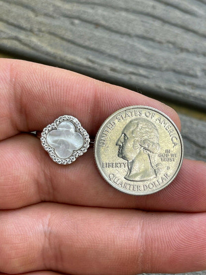 HarlemBling Real Solid 925 Sterling Silver Flower Clover Ring White Mother Of Pearl Diamonds