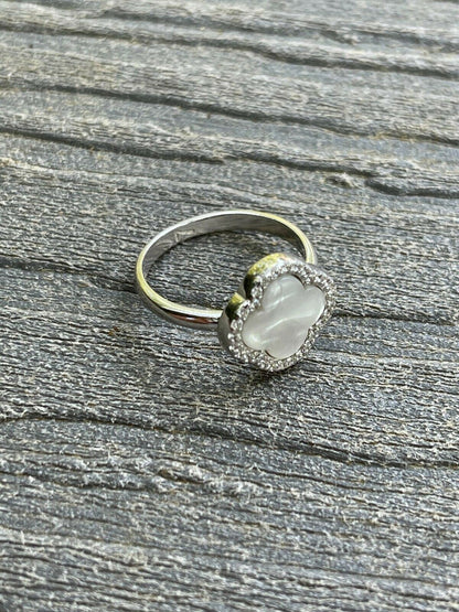 HarlemBling Real Solid 925 Sterling Silver Flower Clover Ring White Mother Of Pearl Diamonds