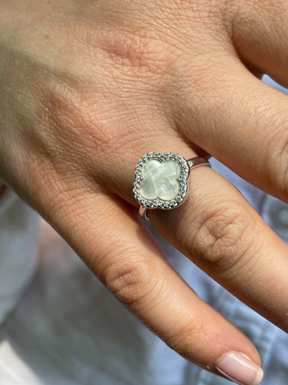 HarlemBling Real Solid 925 Sterling Silver Flower Clover Ring White Mother Of Pearl Diamonds