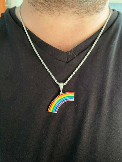 HarlemBling Real Solid 925 Sterling Silver Gay Lesbian Pride Rainbow Pendant Necklace LGBT