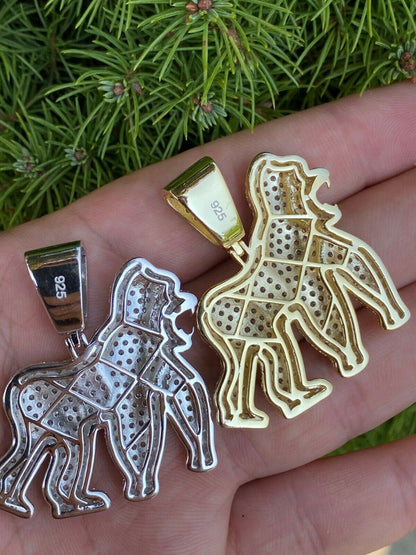 HarlemBling Real Solid 925 Sterling Silver Gold Gorilla Pendant Ape Necklace Iced Diamond