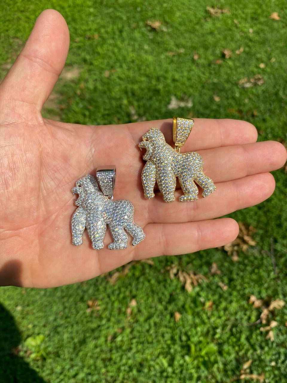 HarlemBling Real Solid 925 Sterling Silver Gold Gorilla Pendant Ape Necklace Iced Diamond