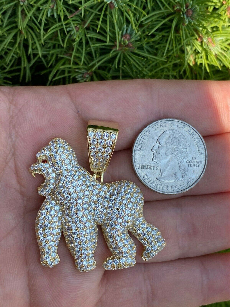 HarlemBling Real Solid 925 Sterling Silver Gold Gorilla Pendant Ape Necklace Iced Diamond