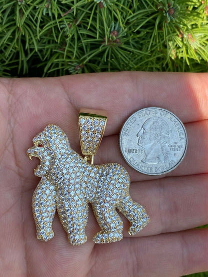 HarlemBling Real Solid 925 Sterling Silver Gold Gorilla Pendant Ape Necklace Iced Diamond