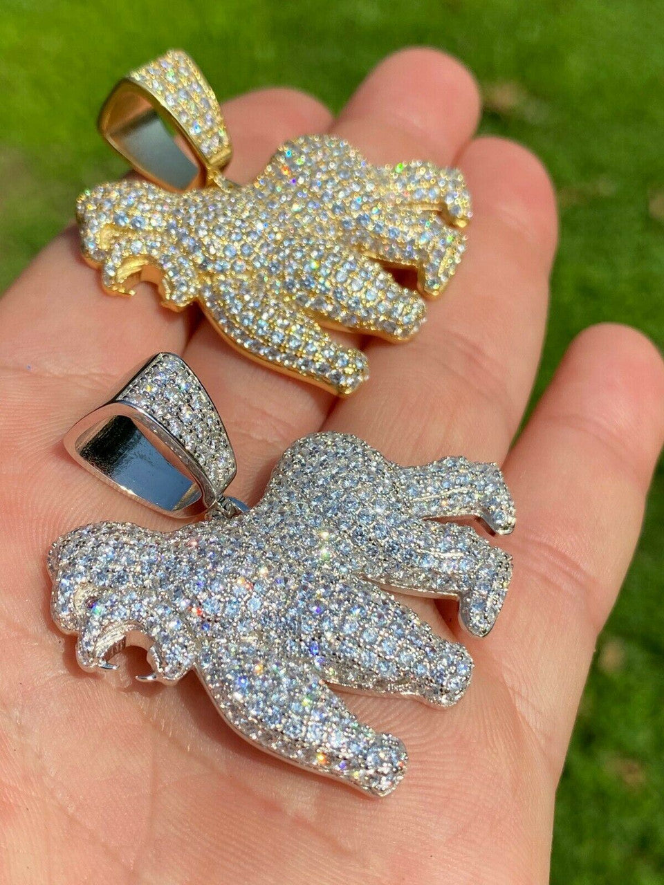HarlemBling Real Solid 925 Sterling Silver Gold Gorilla Pendant Ape Necklace Iced Diamond