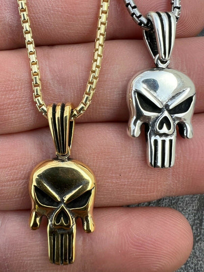 HarlemBling Real Solid 925 Sterling Silver / Gold Punisher Skull Pendant Necklace Biker