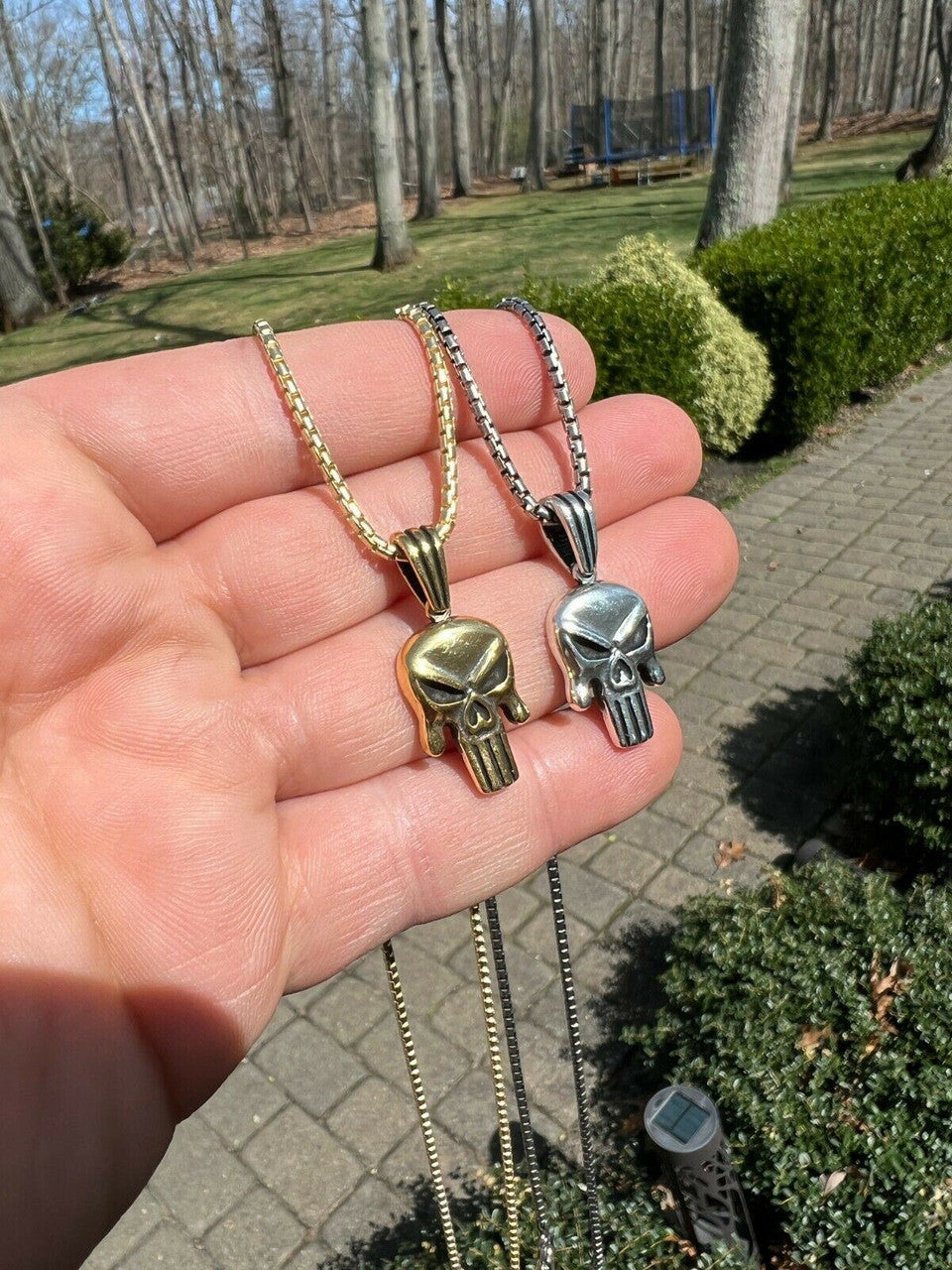HarlemBling Real Solid 925 Sterling Silver / Gold Punisher Skull Pendant Necklace Biker