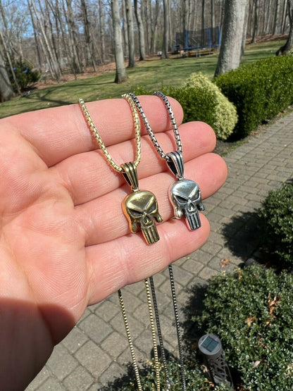 HarlemBling Real Solid 925 Sterling Silver / Gold Punisher Skull Pendant Necklace Biker