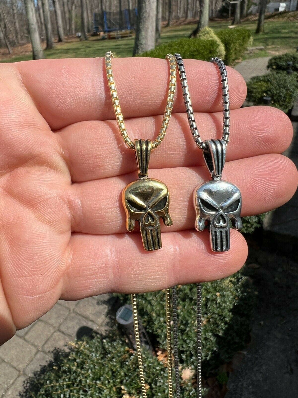 HarlemBling Real Solid 925 Sterling Silver / Gold Punisher Skull Pendant Necklace Biker