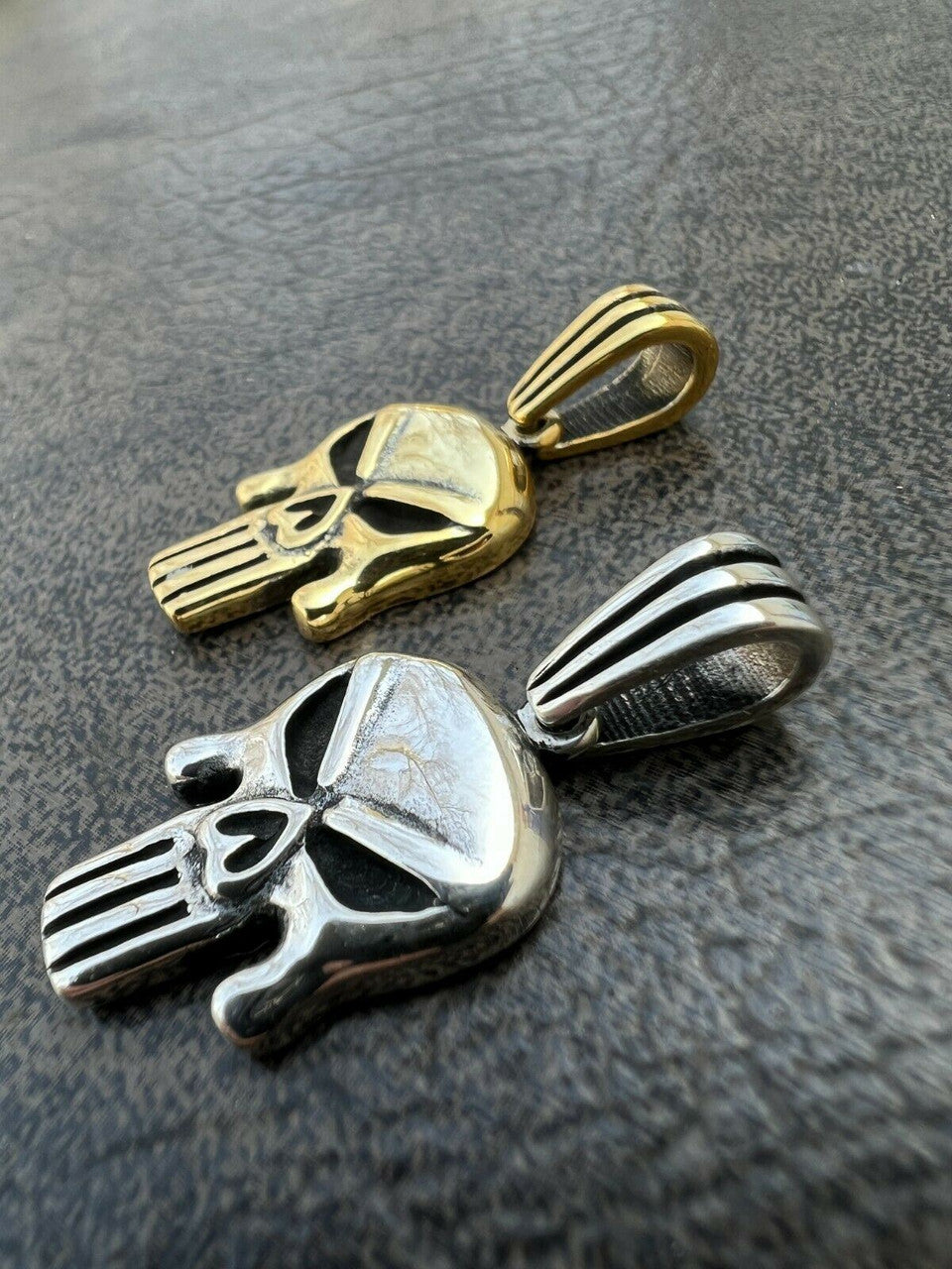 HarlemBling Real Solid 925 Sterling Silver / Gold Punisher Skull Pendant Necklace Biker