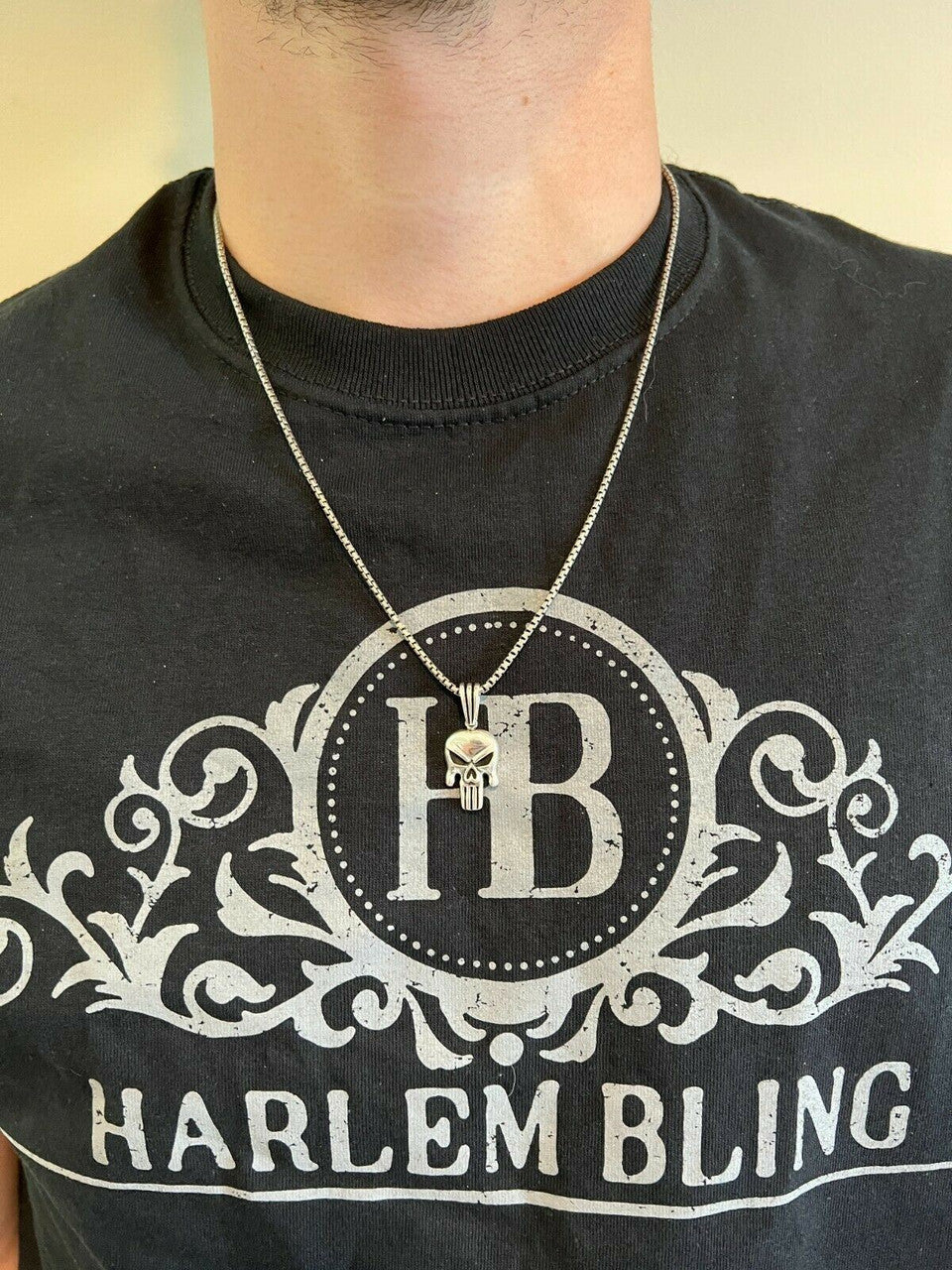 HarlemBling Real Solid 925 Sterling Silver / Gold Punisher Skull Pendant Necklace Biker