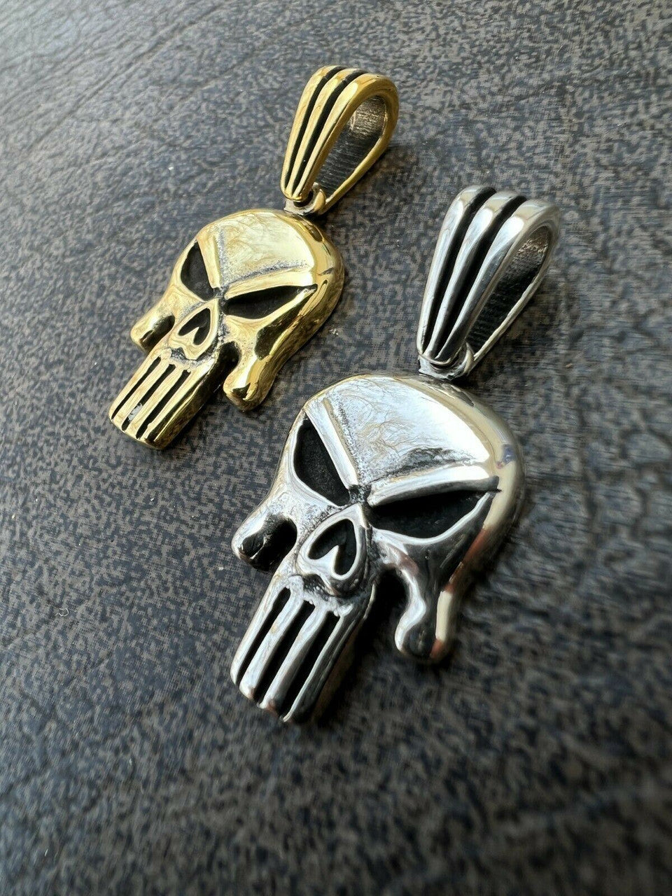 HarlemBling Real Solid 925 Sterling Silver / Gold Punisher Skull Pendant Necklace Biker
