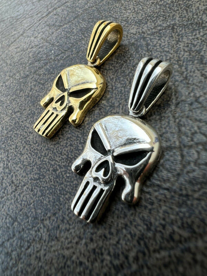 HarlemBling Real Solid 925 Sterling Silver / Gold Punisher Skull Pendant Necklace Biker