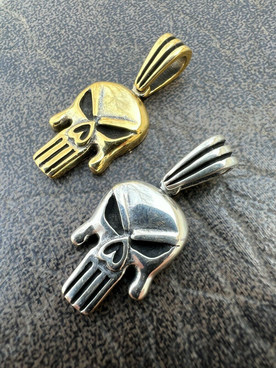 HarlemBling Real Solid 925 Sterling Silver / Gold Punisher Skull Pendant Necklace Biker