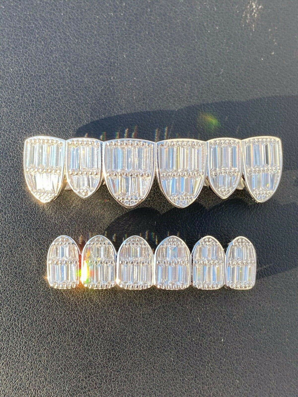 HarlemBling Real Solid 925 Sterling Silver Grillz Baguette Iced Grills Top Or Bottom Teeth