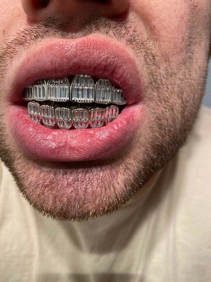 HarlemBling Real Solid 925 Sterling Silver Grillz Baguette Iced Grills Top Or Bottom Teeth