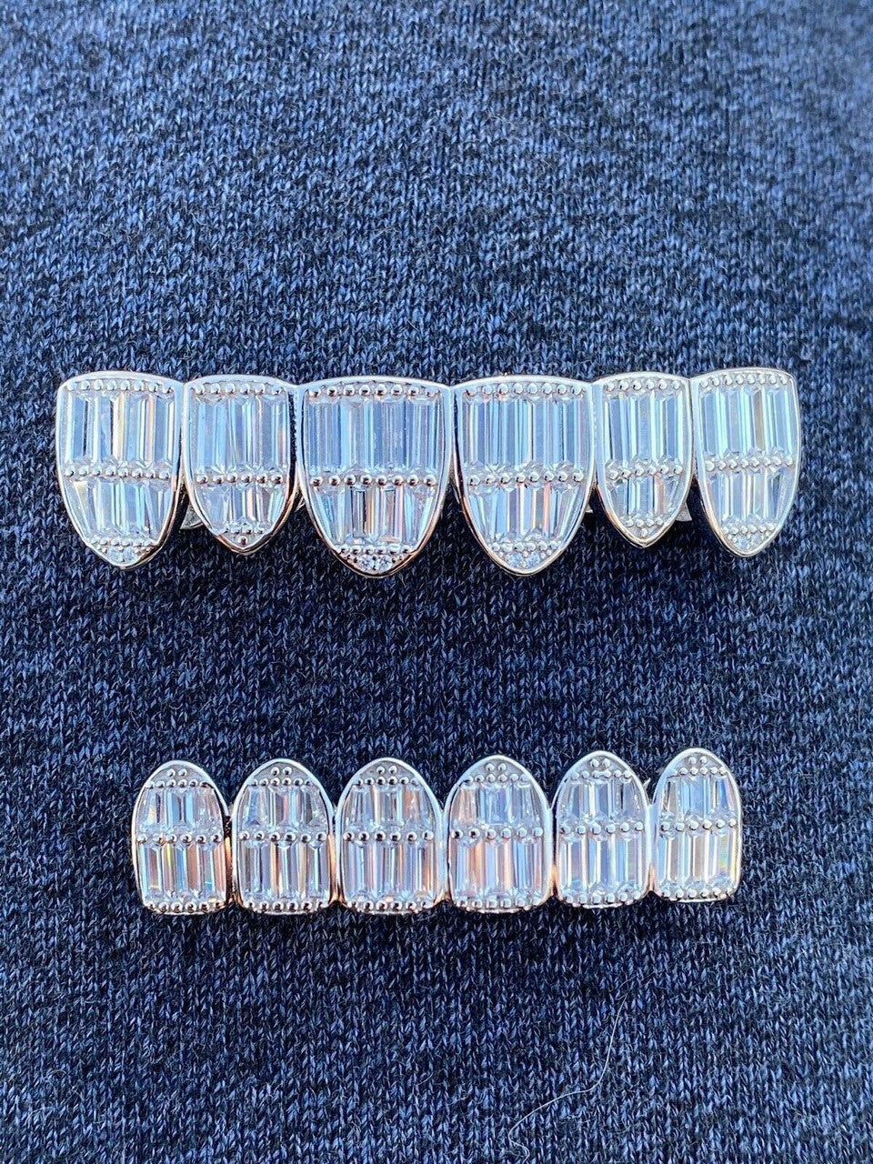 HarlemBling Real Solid 925 Sterling Silver Grillz Baguette Iced Grills Top Or Bottom Teeth