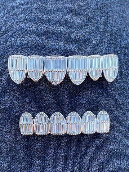 HarlemBling Real Solid 925 Sterling Silver Grillz Baguette Iced Grills Top Or Bottom Teeth