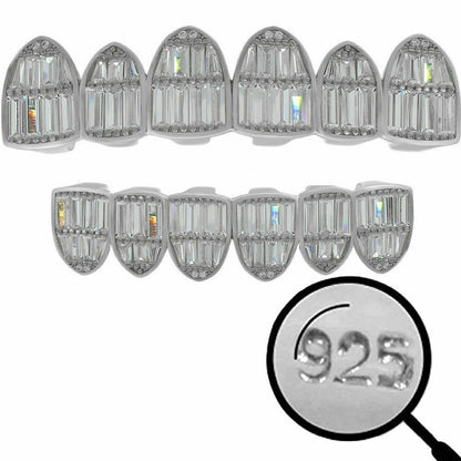 HarlemBling Real Solid 925 Sterling Silver Grillz Baguette Iced Grills Top Or Bottom Teeth