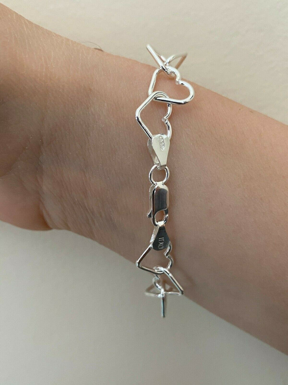 HarlemBling Real SOLID 925 Sterling Silver Heart Shaped Charm Link Ladies Bracelet 10mm Wide