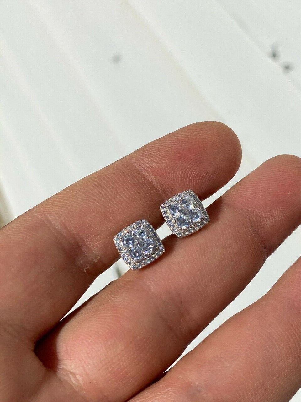 HarlemBling Real Solid 925 Sterling Silver Iced CZ Hip Hop Earrings Studs Square ICY Mens