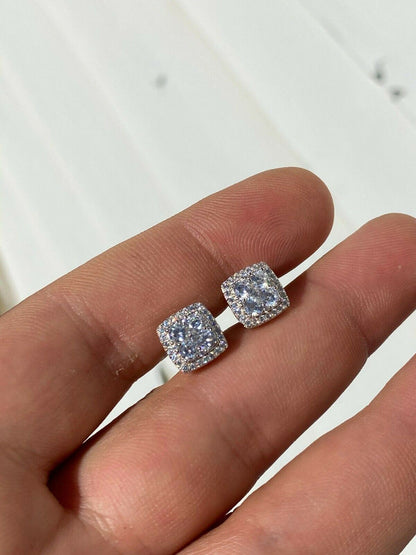 HarlemBling Real Solid 925 Sterling Silver Iced CZ Hip Hop Earrings Studs Square ICY Mens
