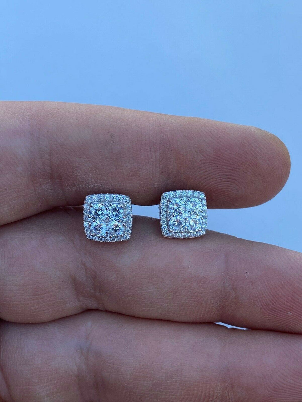 HarlemBling Real Solid 925 Sterling Silver Iced CZ Hip Hop Earrings Studs Square ICY Mens