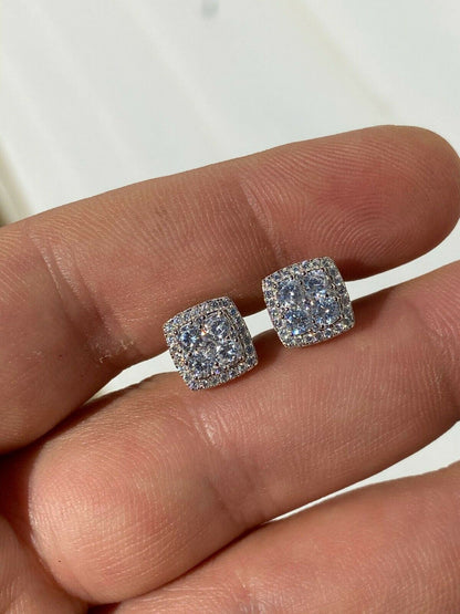 HarlemBling Real Solid 925 Sterling Silver Iced CZ Hip Hop Earrings Studs Square ICY Mens