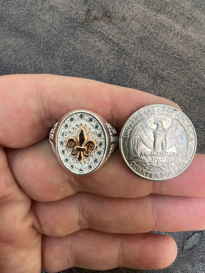 HarlemBling Real Solid 925 Sterling Silver Iced CZ Pinky Ring Hip Hop French Fleur De Lis