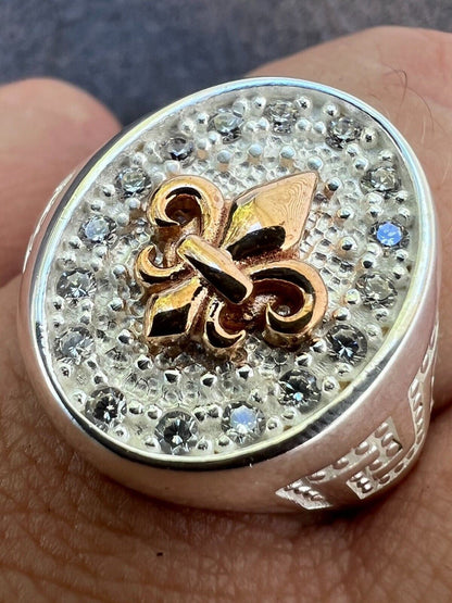 HarlemBling Real Solid 925 Sterling Silver Iced CZ Pinky Ring Hip Hop French Fleur De Lis