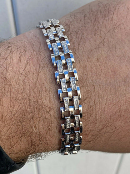 HarlemBling Real Solid 925 Sterling Silver Iced Hip Hop Mens Presidential Link Bracelet 12mm