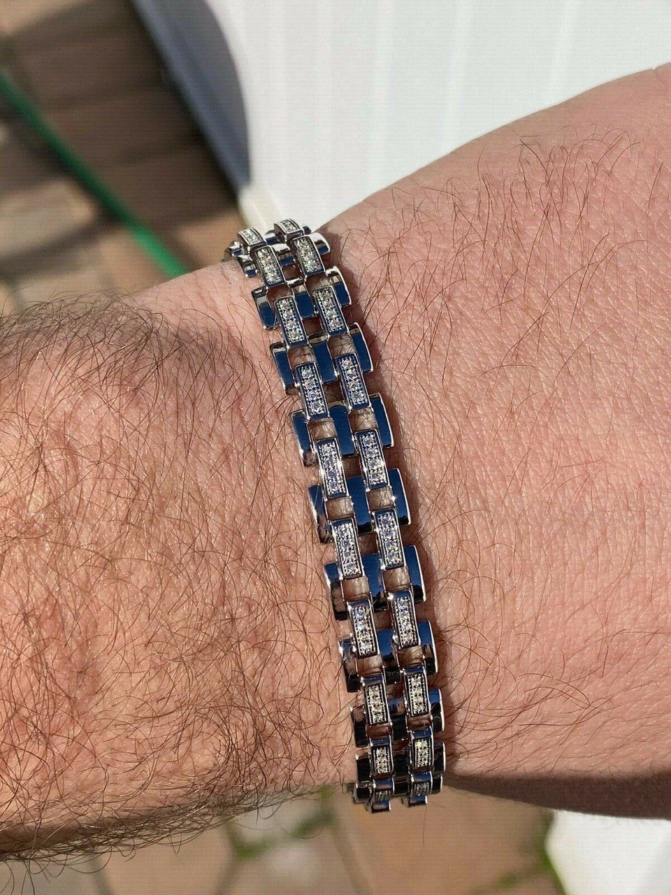 HarlemBling Real Solid 925 Sterling Silver Iced Hip Hop Mens Presidential Link Bracelet 12mm