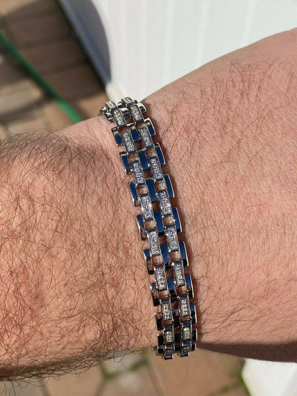 HarlemBling Real Solid 925 Sterling Silver Iced Hip Hop Mens Presidential Link Bracelet 12mm