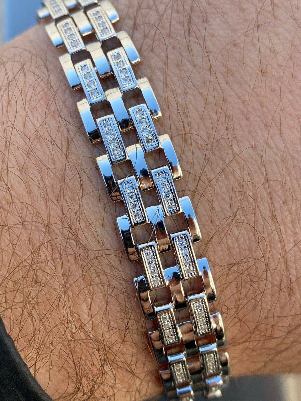 HarlemBling Real Solid 925 Sterling Silver Iced Hip Hop Mens Presidential Link Bracelet 12mm