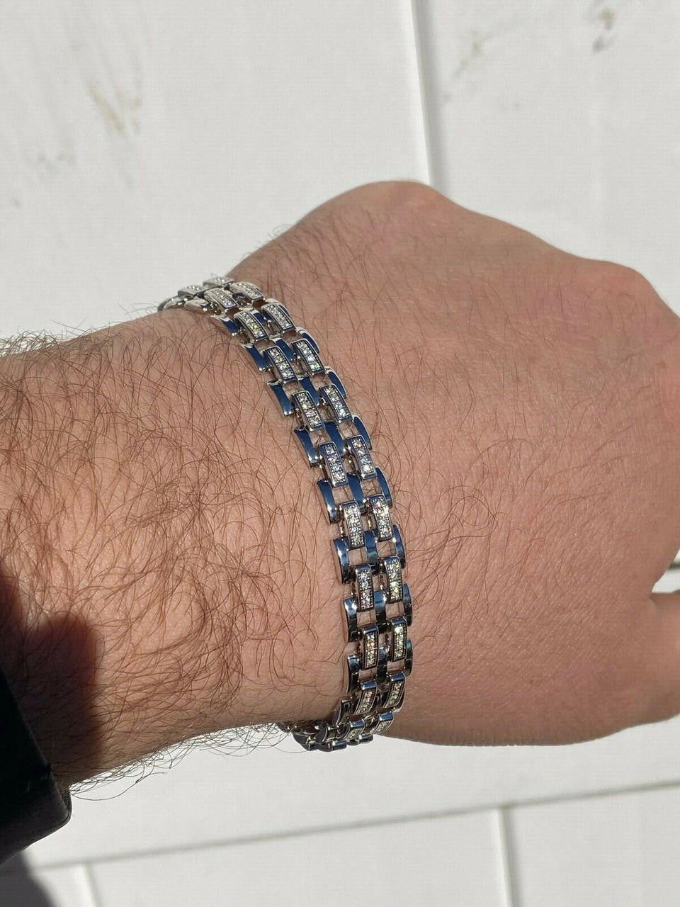 HarlemBling Real Solid 925 Sterling Silver Iced Hip Hop Mens Presidential Link Bracelet 12mm