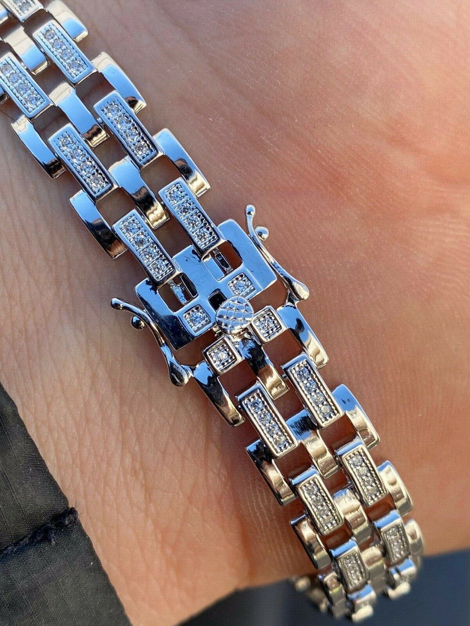 HarlemBling Real Solid 925 Sterling Silver Iced Hip Hop Mens Presidential Link Bracelet 12mm