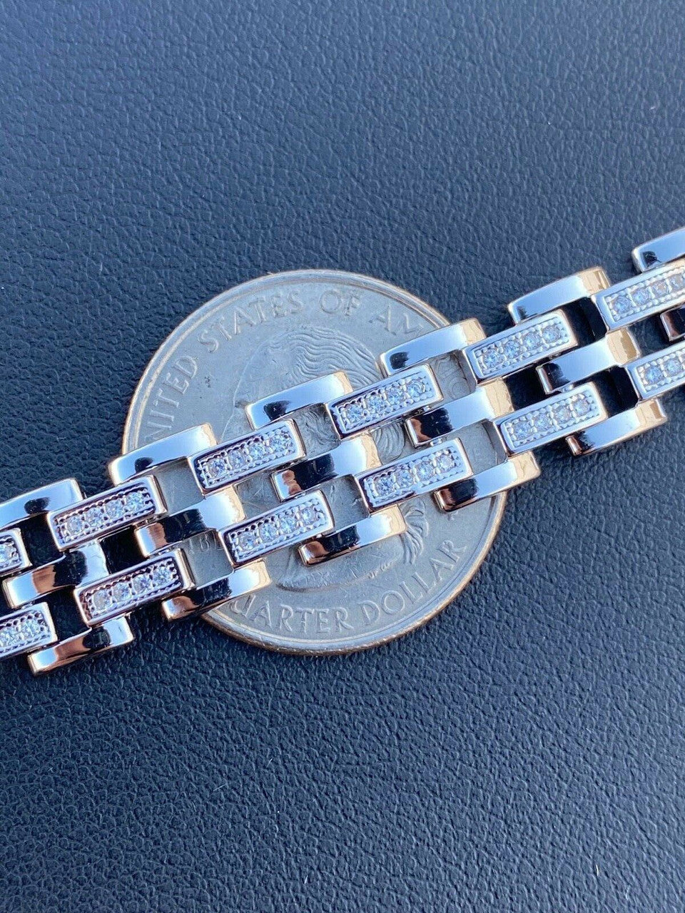 HarlemBling Real Solid 925 Sterling Silver Iced Hip Hop Mens Presidential Link Bracelet 12mm