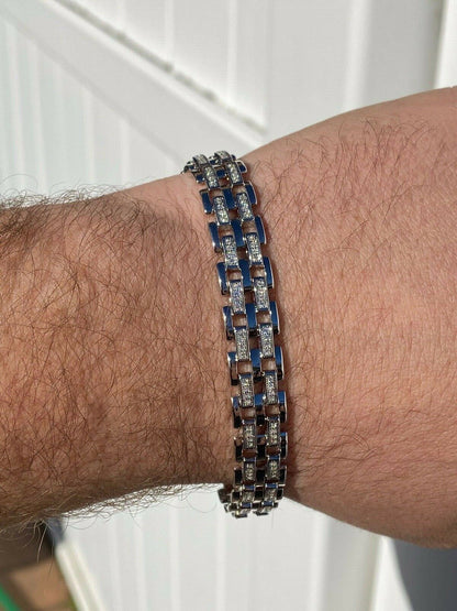 HarlemBling Real Solid 925 Sterling Silver Iced Hip Hop Mens Presidential Link Bracelet 12mm