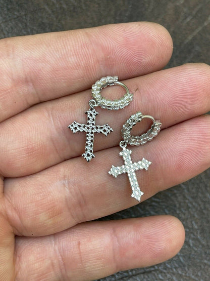 HarlemBling Real Solid 925 Sterling Silver Men Ladies Nugget Cross Huggie Hoop Drop Earrings