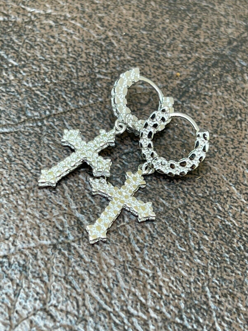 HarlemBling Real Solid 925 Sterling Silver Men Ladies Nugget Cross Huggie Hoop Drop Earrings