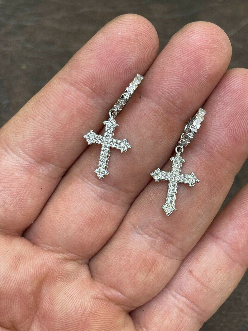 HarlemBling Real Solid 925 Sterling Silver Men Ladies Nugget Cross Huggie Hoop Drop Earrings