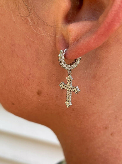 HarlemBling Real Solid 925 Sterling Silver Men Ladies Nugget Cross Huggie Hoop Drop Earrings