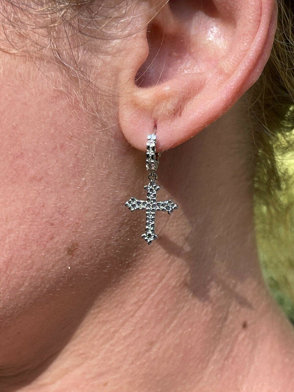 HarlemBling Real Solid 925 Sterling Silver Men Ladies Nugget Cross Huggie Hoop Drop Earrings