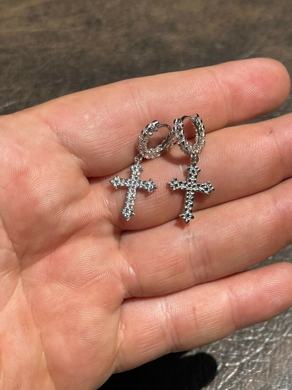 HarlemBling Real Solid 925 Sterling Silver Men Ladies Nugget Cross Huggie Hoop Drop Earrings