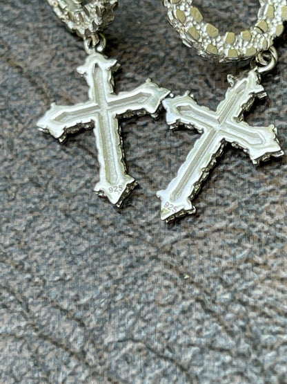 HarlemBling Real Solid 925 Sterling Silver Men Ladies Nugget Cross Huggie Hoop Drop Earrings